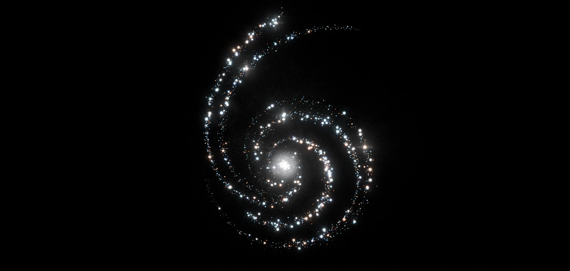Una spirale luminosa di particelle che forma il numero sei su fondo nero